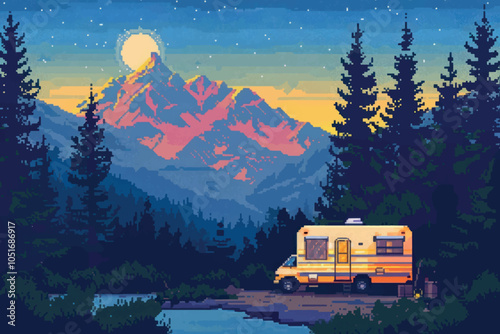 Pixel art mountain camping adventure