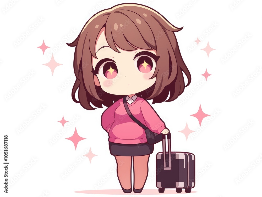 Cute anime girl with luggage and sparkles. Cute anime girl with luggage and sparkles.