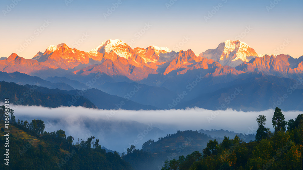 Obraz premium Majestic mountain range at sunrise with wispy clouds and vibrant golden light highlighting the peaks and valleys of the landscape