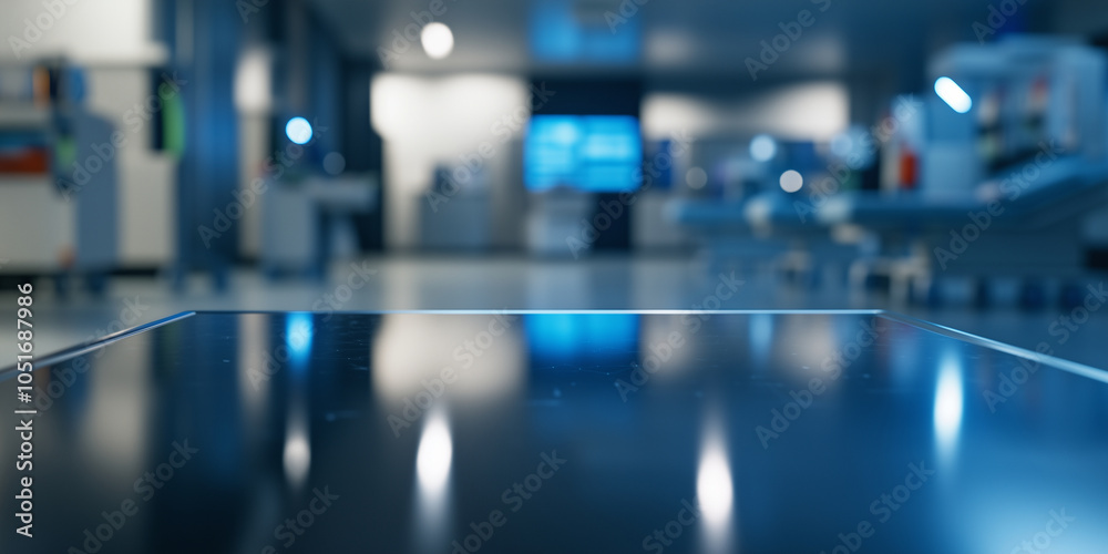 A reflective, sleek table surface in the center of a modern hospital, with the blurred outlines of medical machines and rooms softly glowing in the distance. A reflective, sleek table surface in the center of a modern hospital, with the blurred outlines of medical machines and rooms softly glowing in the distance.