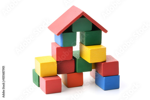 A stack of colorful building blocks forms a small house, symbolizing creativity and playfulness in construction and design