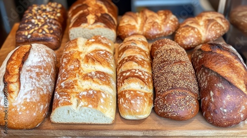 A selection of artisan bread loaves and rolls, displayed on a wooden board. photo