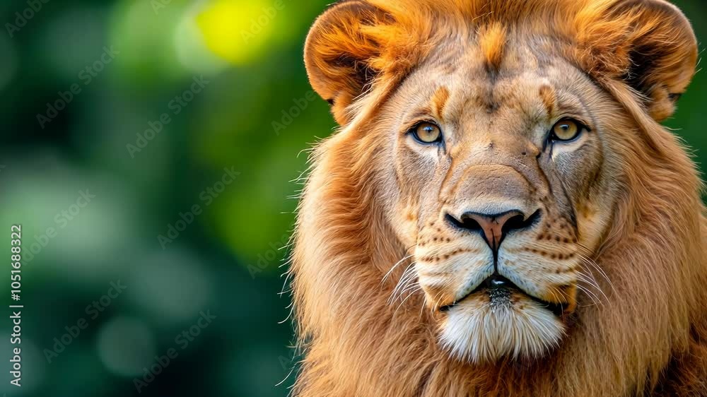 Close-up portrait of a majestic lion with a lush mane, looking directly at the camera against a blurred green background. Close-up portrait of a majestic lion with a lush mane, looking directly at the camera against a blurred green background.
