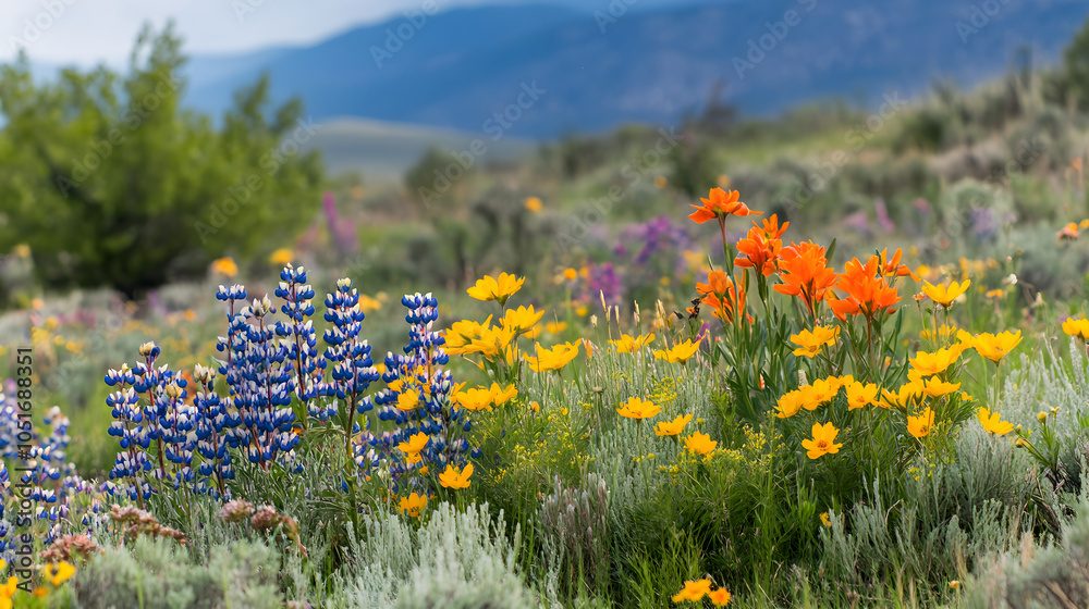 Obraz premium A vibrant meadow in spring filled with various colorful wildflowers, showcasing a mix of blue, orange, and yellow blooms against a lush green backdrop