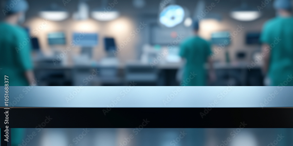 A sleek, unoccupied table in a contemporary hospital lab, with the blurred outlines of healthcare professionals and medical equipment in the background, creating a sense of precisi