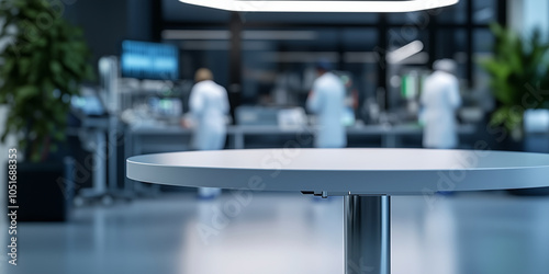 A sleek, unoccupied table in a contemporary hospital lab, with the blurred outlines of healthcare professionals and medical equipment in the background, creating a sense of precisi photo