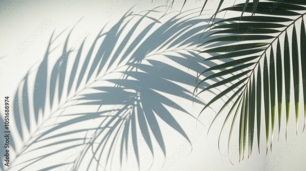 Obraz premium Palm leaves casting shadows on a white background.