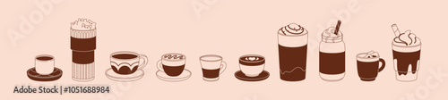 Different coffee in glass cups set. Various black coffe drinks with milk. Signs of cappuccino, mocha, espresso, macchiato. Icons of hot and ice beverages in mugs. Outline isolated vector illustrations