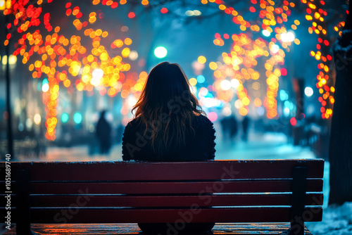 Lonely woman sitting on a bench in the city with Christmas lights in the background. Holiday depression. photo