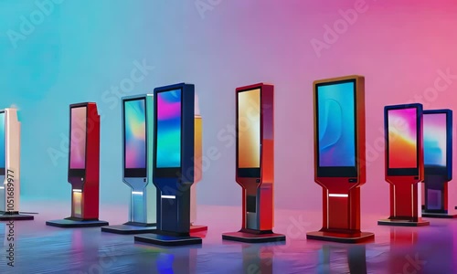 Modern digital kiosks in vibrant colors illuminated against a gradient background