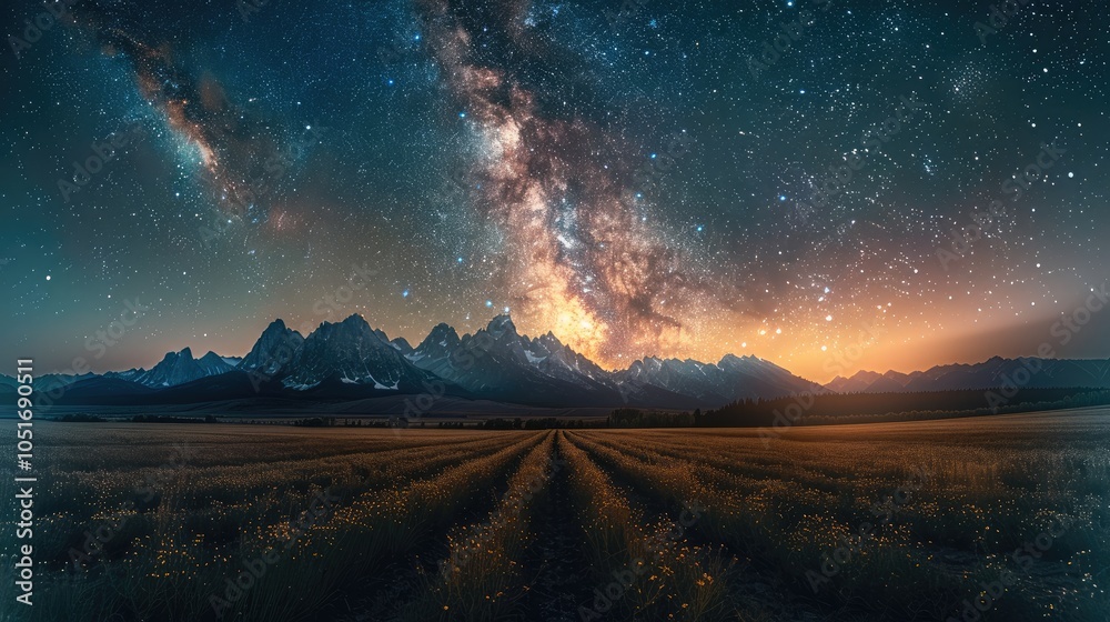 A field, there is mountains in the background and the milky way galaxy in the night sky. A field, there is mountains in the background and the milky way galaxy in the night sky.
