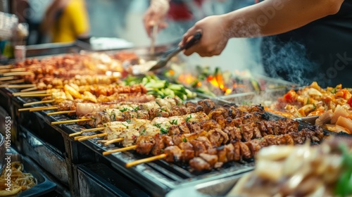 A vibrant close-up of street food being prepared at a local market