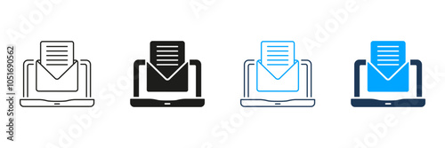 Laptop With Email Line and Silhouette Icon Set. Receive Digital Letter Pictogram. New Message Symbol. Envelope On Computer Screen Sign. Editable Stroke. Isolated Vector Illustration