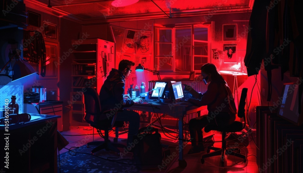 Naklejka premium Crimson Investigation: Forensic Specialists Uncover Clues in Darkened Apartment