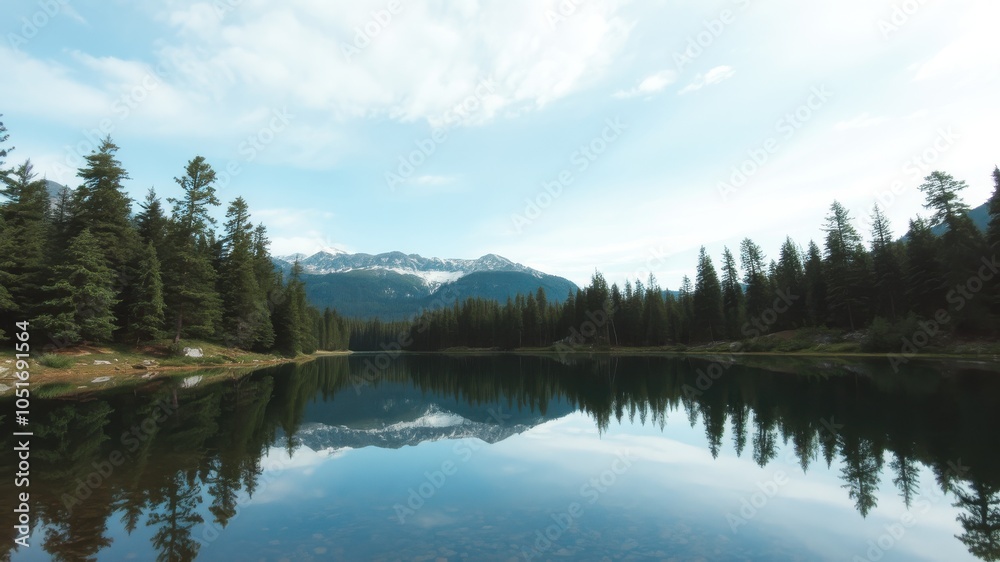 Serene lake surrounded by lush pine trees and distant mountains under a blue sky. Serene lake surrounded by lush pine trees and distant mountains under a blue sky.