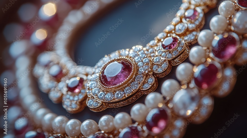 Close-up of an elegant necklace adorned with sparkling gemstones, capturing intricate details and reflections in soft lighting. Close-up of an elegant necklace adorned with sparkling gemstones, capturing intricate details and reflections in soft lighting.