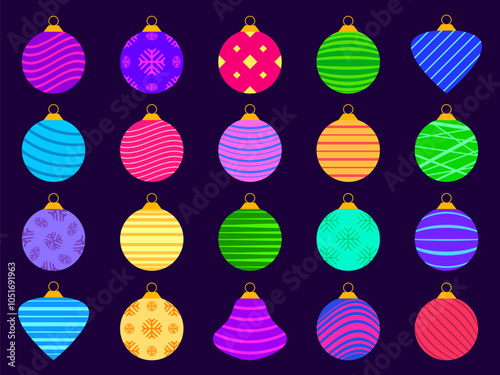 Christmas balls icons set. Christmas decorations, each ornament is decorated with snowflakes and stripes patterns. Xmas design for wrappers, covers, banners and posters. Vector illustration