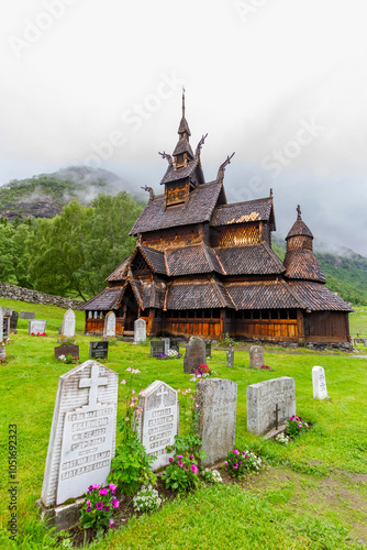 Borgund stave church, a triple-nave stave church of the Sogn-type, built around AD 1180, Borgund, Vestland, Norway, Scandinavia, Europe photo