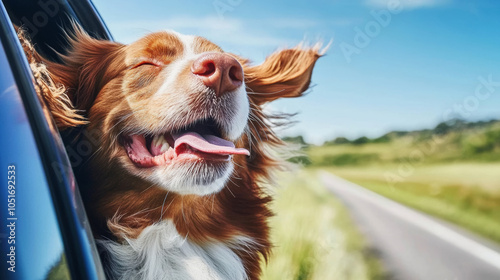 Dog with head out of the window breathing the fresh air of the countryside