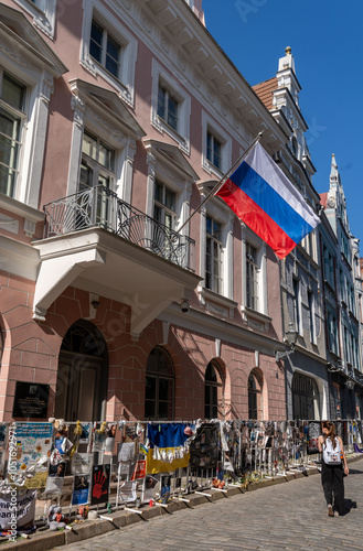 Views of banners outside Russian embassy protesting war in Ukraine in the old town in central Tallinn, Estonia, Europe photo