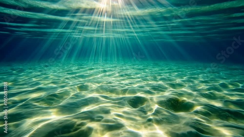 Sunlight streams through the water, illuminating the sandy ocean floor