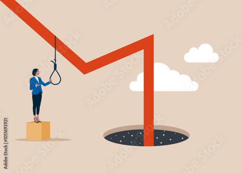 Businesswoman wants to hang himself on a graph down. The stock market crashed during a crisis or the bubble burst. Flat vector illustration