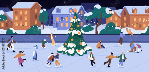 People have fun on ice rink at New Year night. Happy families, friend, kids skate on city square with Christmas tree. Men and women walk outdoor at festive evening in winter. Flat vector illustration