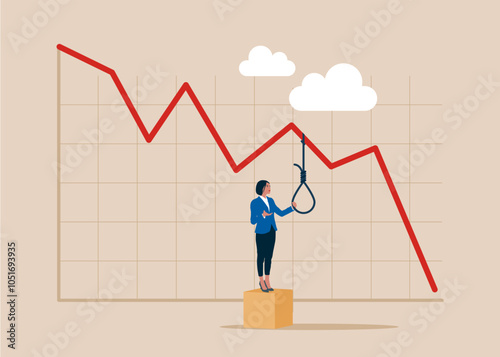 Despairing woman wants to hang himself on a graph down. The stock market crashed during a crisis or the bubble burst. Investment risk or economic recession. 