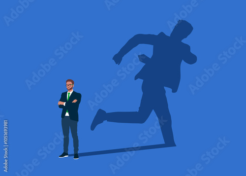 Businessman dreams of run away from a problem, adversity. Confident handsome young man versus escaping coward shadow.