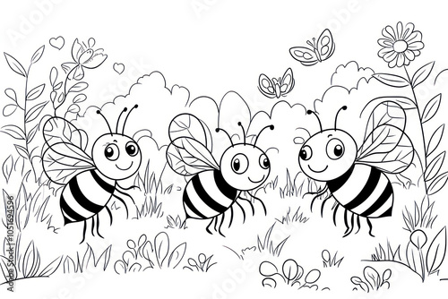 Bees, coloring page for kids, line art, black and white.