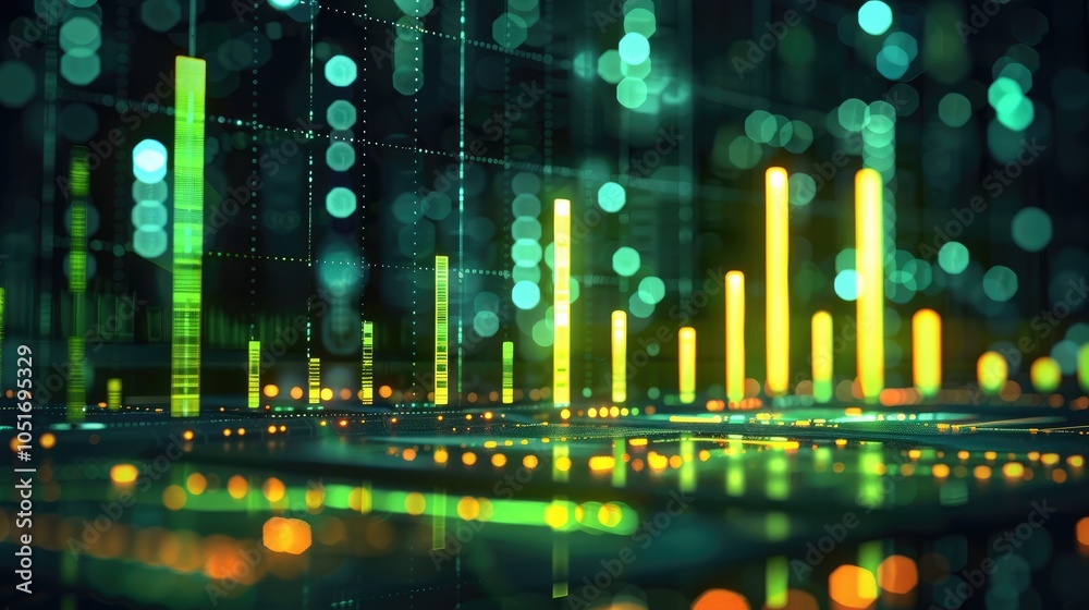 Trend analysis bar chart, neon yellowish-green bar, Dark futuristic web background. Trend analysis bar chart, neon yellowish-green bar, Dark futuristic web background.