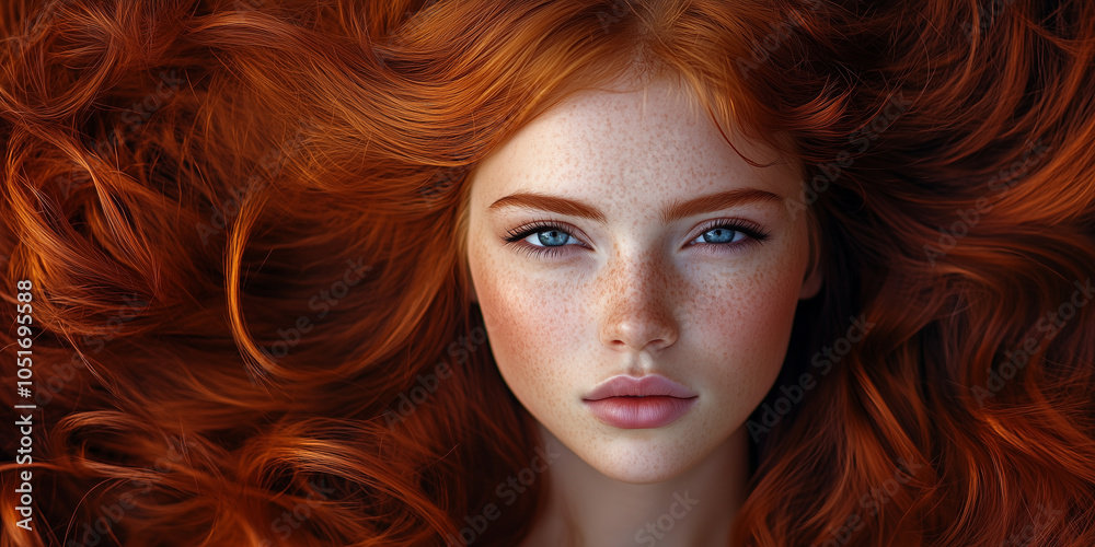 Obraz premium Vibrant Red Hair Beauty with Freckles and Soft Features