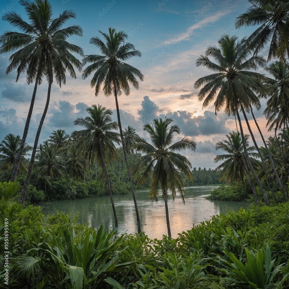 Tropical landscape with palm trees, river, and lush vegetation at sunset Tropical landscape with palm trees, river, and lush vegetation at sunset