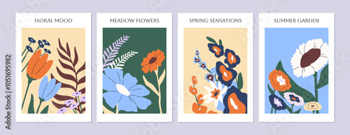 Floral posters set. Botanical cards with bouquets of wildflowers. Branches of wild blooming plants. Compositions of meadow flowers and leaves. Wall art, interior decoration. Flat vector illustrations