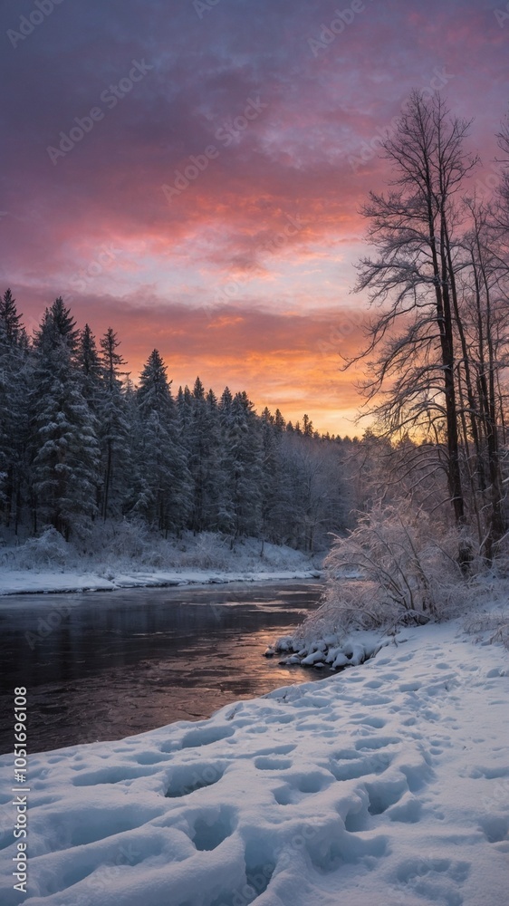 Snowy winter landscape with frozen river or stream flowing through forest of pine trees. Sky filled with vibrant orange and pink sunset, casting warm glow over snow-covered scene. Trees bare, with