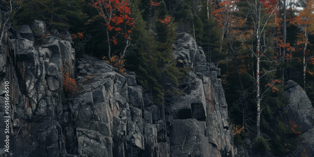 Trees with orange leaves on a background of rocks
Trees with orange leaves on a background of rocks