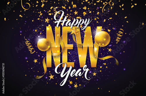 Happy new year illustration with golden typography lettering and Christmas ball on falling confetti