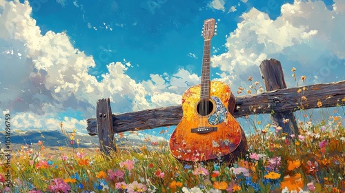 Colorful acoustic guitar leaning against a rustic wooden fence, surrounded by blooming wildflowers in a sunny field.