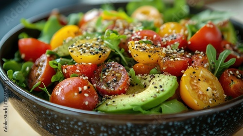 Colorful salad bursting with greens, cherry tomatoes, avocado, and a sprinkle of seeds, served in a chic bowl.