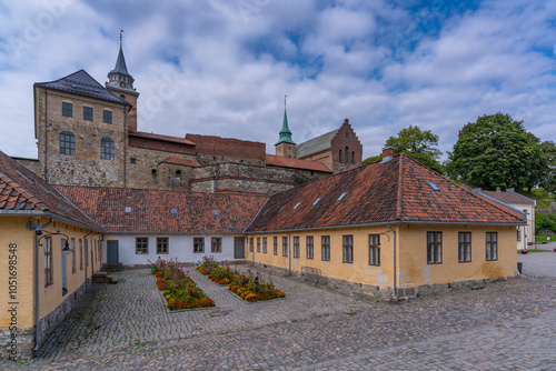 View of Akershus Fortress from Michael von Sundts Plass, Oslo, Norway, Scandinavia, Europe photo