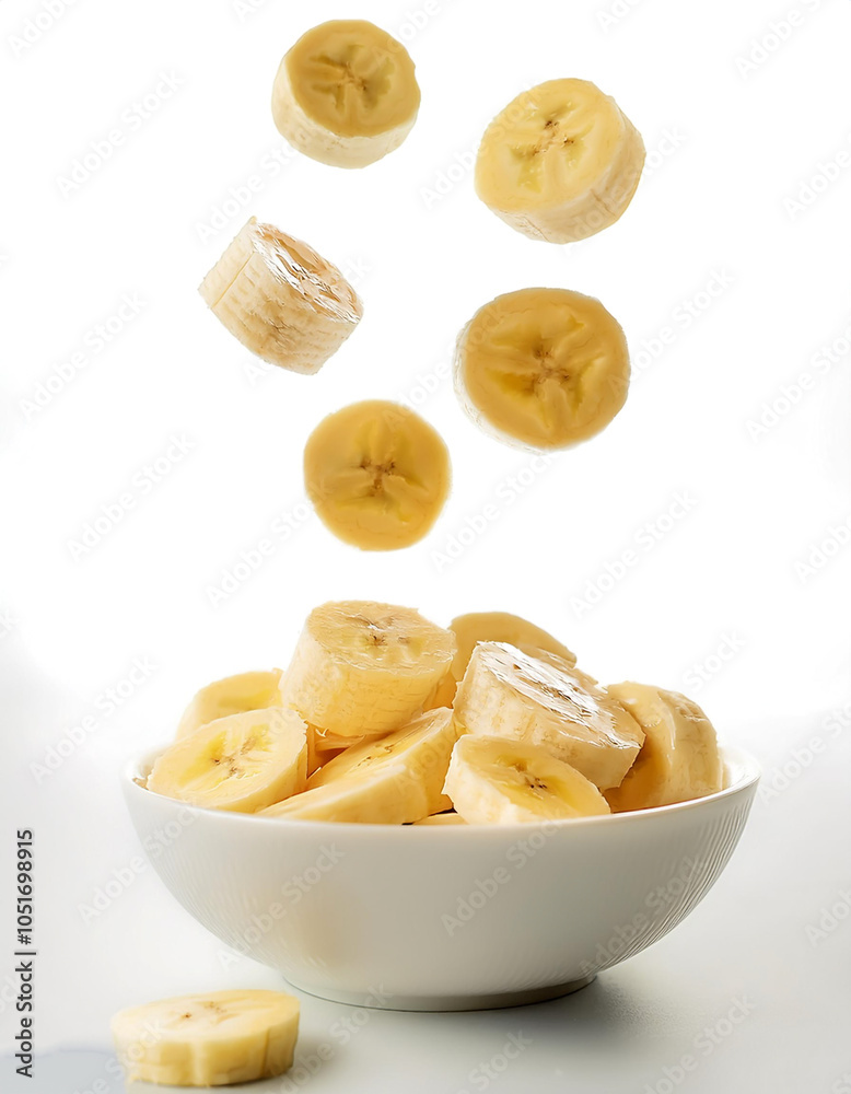 slices or chunks of banana fruit in a white bowl with chunks or slices floating or flying isolated white background slices or chunks of banana fruit in a white bowl with chunks or slices floating or flying isolated white background