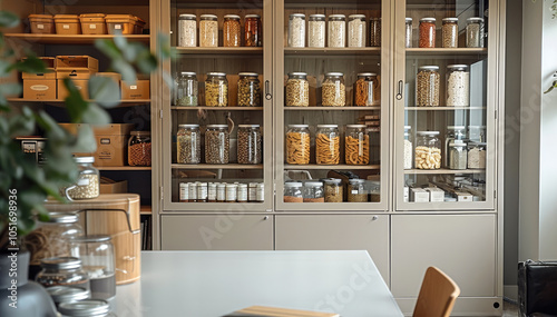 Wallpaper Mural Modern open IT office space with a light brown bookcase with glass doors, filled with mid size twist jars filled with food. Minimalist, cozy feel. Torontodigital.ca