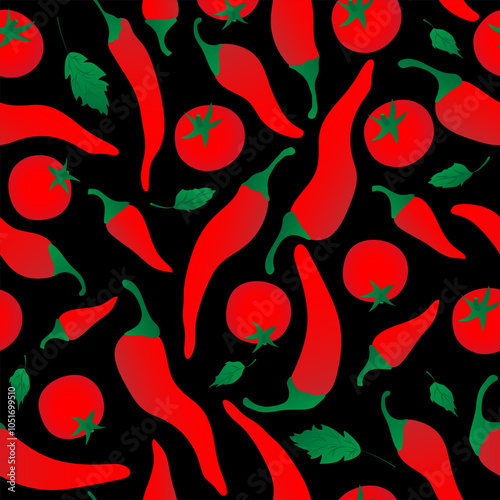 Seamless pattern with red chili pepper and tomato on black background. Design for fabric, kitchen decor, wallpaper packaging paper.