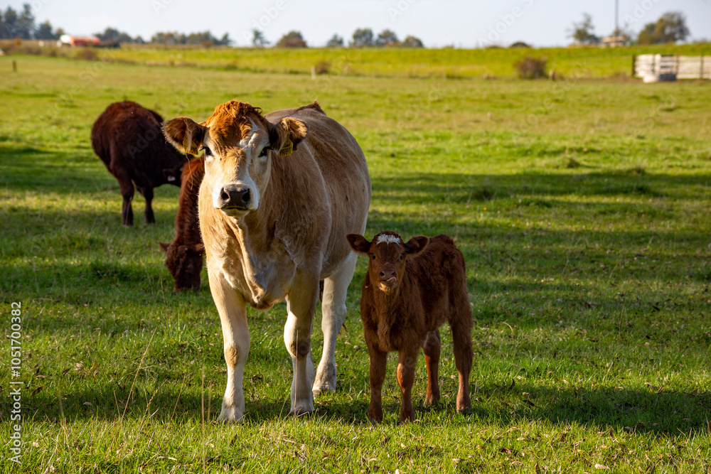 Cow and calf in a pasture.