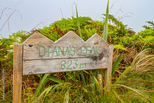 Sign on the peak on the trail of Diana's Peak National Park on Saint Helena, South Atlantic Ocean photo