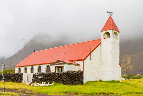 View of St. Joseph's Catholic Church in Tristan da Cunha, the most remote inhabited location on Earth, Tristan da Cunha, South Atlantic Ocean photo