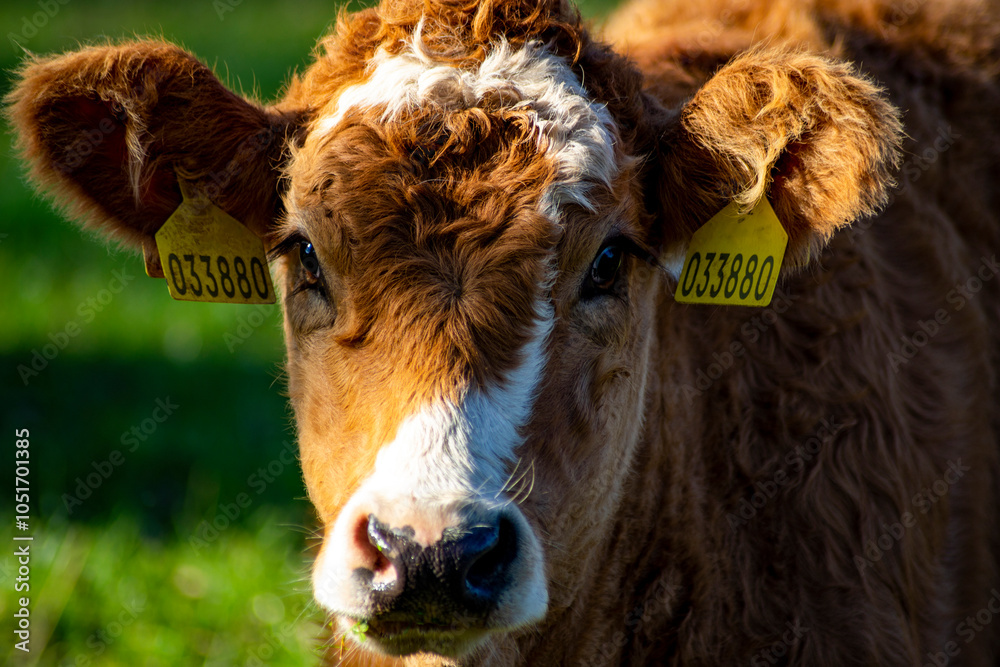 A close-up portrait of a cow grazing in a pasture.