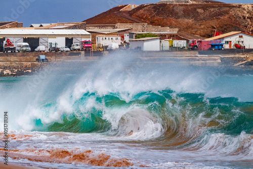 Huge waves breaking on the beach at Ascension Island in the Tropical Atlantic Ocean, South Atlantic Ocean photo