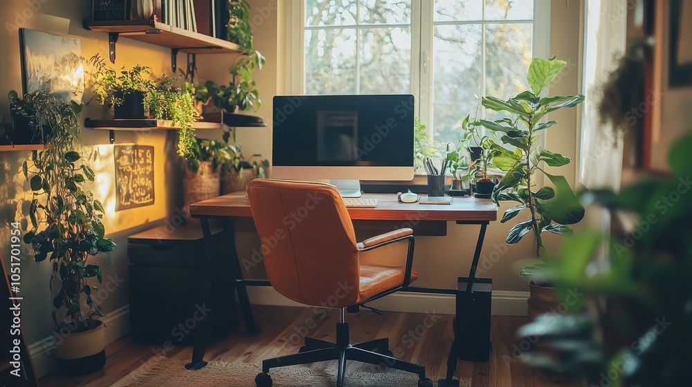 Cozy home office setup with a sleek desk, ergonomic chair, and plants, bathed in warm, natural light from a nearby window. Cozy home office setup with a sleek desk, ergonomic chair, and plants, bathed in warm, natural light from a nearby window.