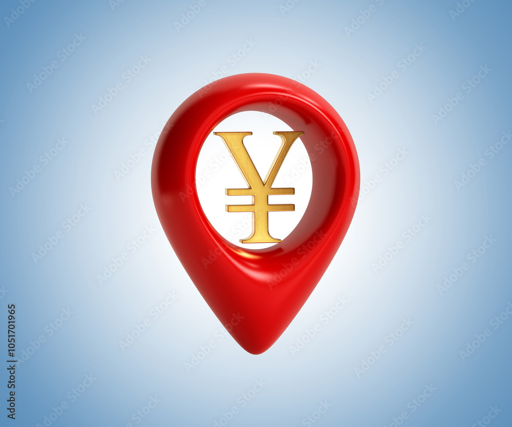 Fototapeta premium Place of settlement in Yen. GPS sales in Yen. Exchange office for Yeno. Yen search concept ! Icon isolated on blue background. 3d rendering. 3D illustration.